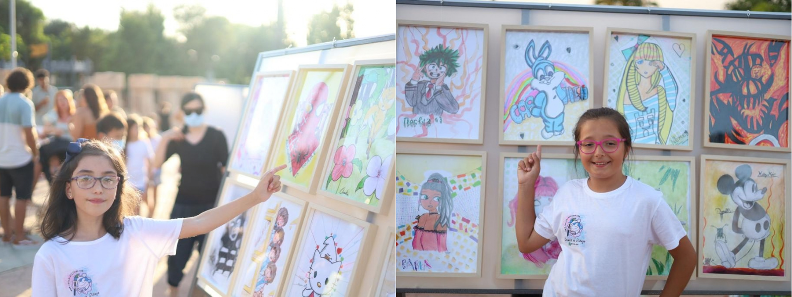 Alumnas junto a sus obras en la exposición